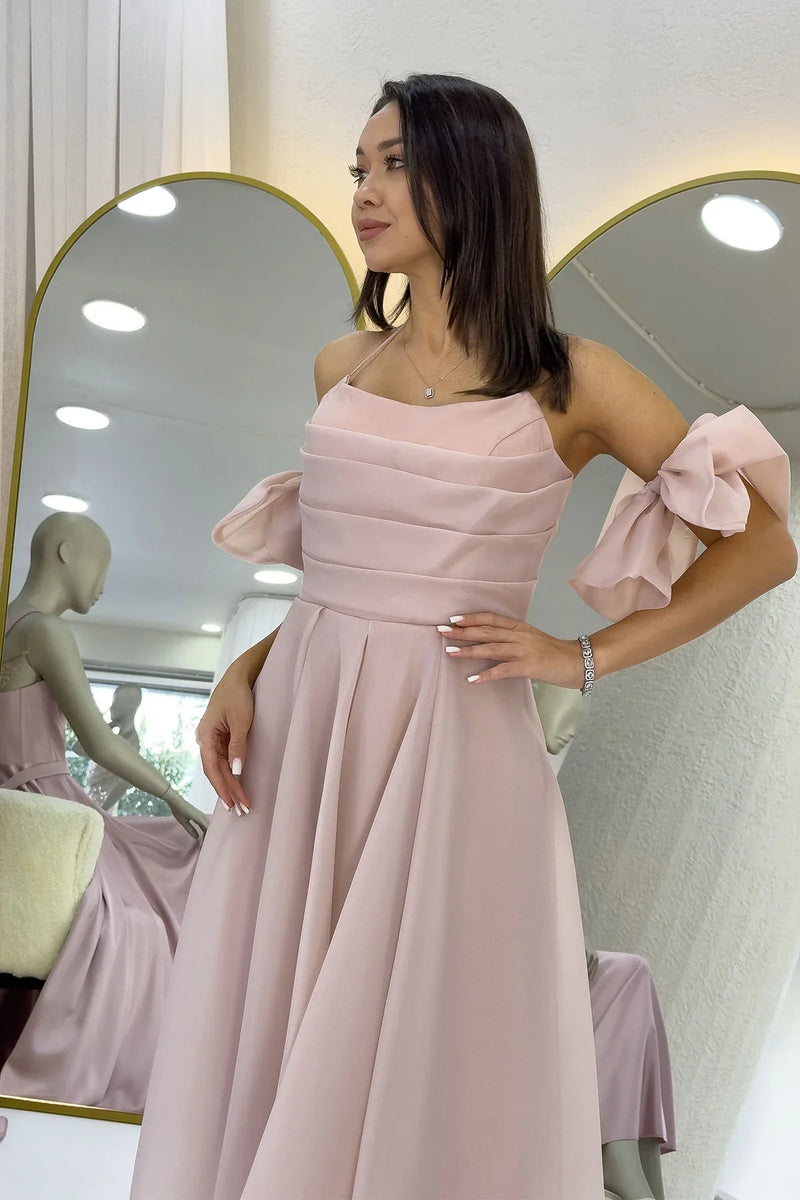 Pudra Drapeli Boyundan Bağlamalı Fiyonk Kol Detay Kısa Abiye Elbise