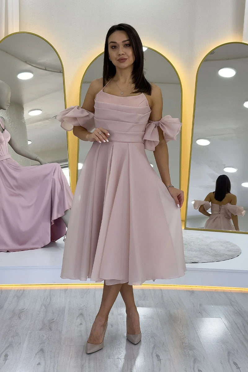 Pudra Drapeli Boyundan Bağlamalı Fiyonk Kol Detay Kısa Abiye Elbise