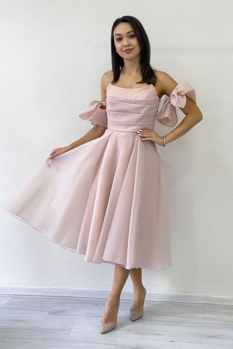 Pudra Drapeli Boyundan Bağlamalı Fiyonk Kol Detay Kısa Abiye Elbise