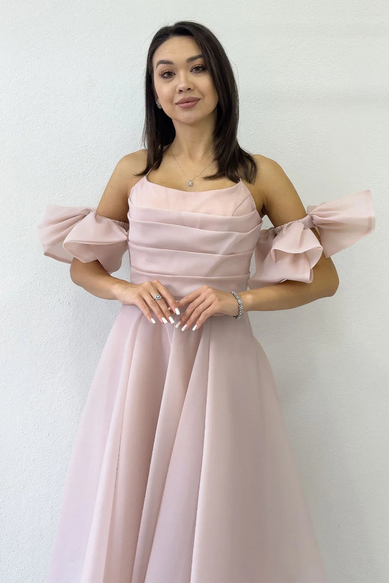 Pudra Drapeli Boyundan Bağlamalı Fiyonk Kol Detay Kısa Abiye Elbise