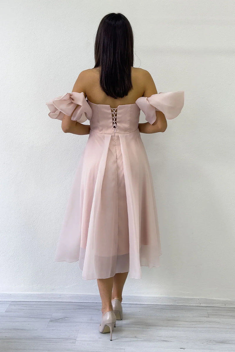 Pudra Drapeli Boyundan Bağlamalı Fiyonk Kol Detay Kısa Abiye Elbise