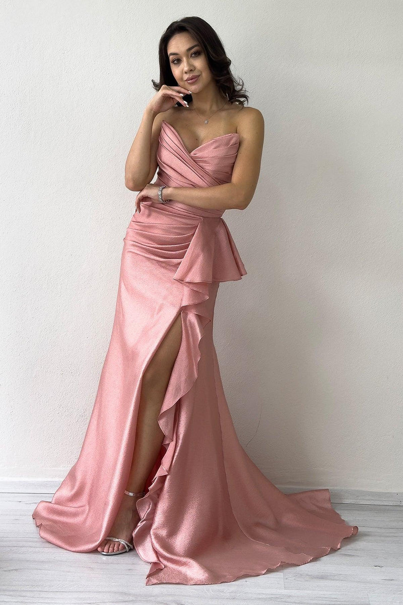 Kadın Pudra Straplez  Drapeli Sırt Detay Volan Yırtmaçlı Abiye Elbise