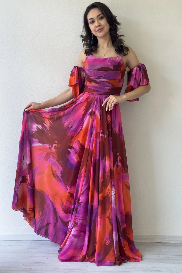 Fuşya Desenli Askılı Straplez Göğüs Drapeli Çıkarılabilir Kol Detaylı Abiye Elbise 