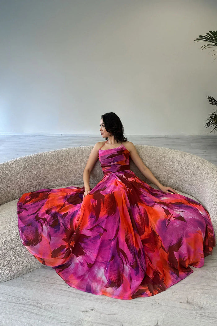 Fuşya Desenli Askılı Straplez Göğüs Drapeli Çıkarılabilir Kol Detaylı Abiye Elbise 