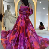 Fuşya Desenli Askılı Straplez Göğüs Drapeli Çıkarılabilir Kol Detaylı Abiye Elbise