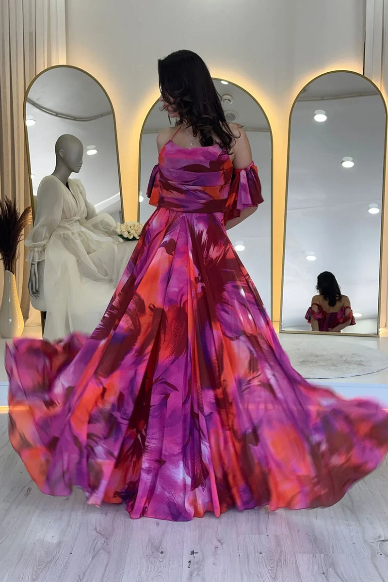 Fuşya Desenli Askılı Straplez Göğüs Drapeli Çıkarılabilir Kol Detaylı Abiye Elbise 