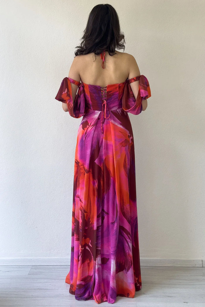 Fuşya Desenli Askılı Straplez Göğüs Drapeli Çıkarılabilir Kol Detaylı Abiye Elbise 