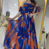 Saks Desenli Askılı Straplez Göğüs Drapeli Çıkarılabilir Kol Detaylı Abiye Elbise