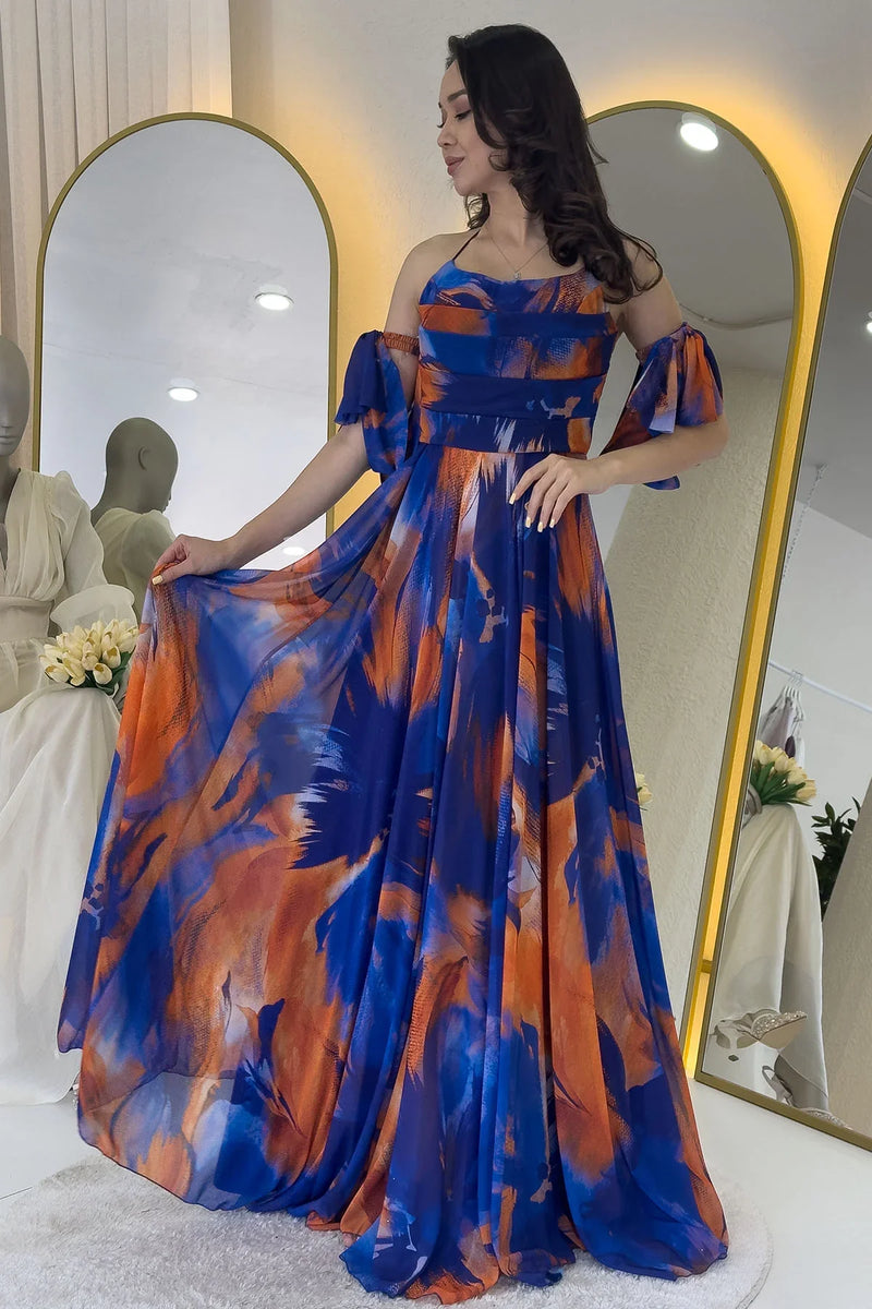 Saks Desenli Askılı Straplez Göğüs Drapeli Çıkarılabilir Kol Detaylı Abiye Elbise