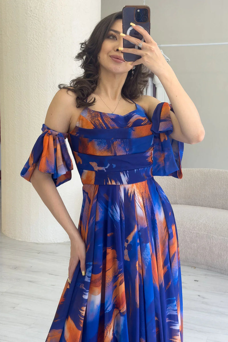 Saks Desenli Askılı Straplez Göğüs Drapeli Çıkarılabilir Kol Detaylı Abiye Elbise