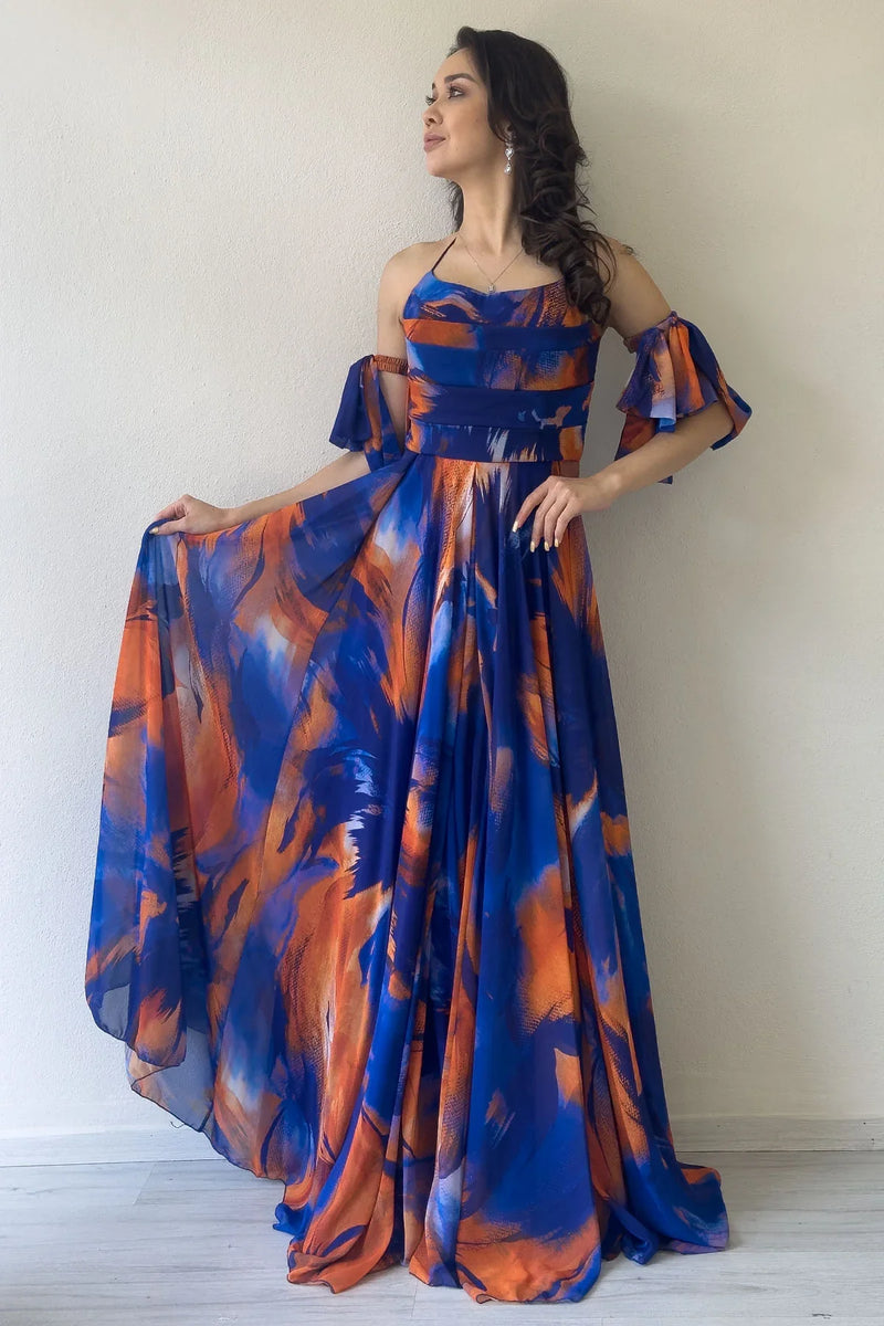 Saks Desenli Askılı Straplez Göğüs Drapeli Çıkarılabilir Kol Detaylı Abiye Elbise