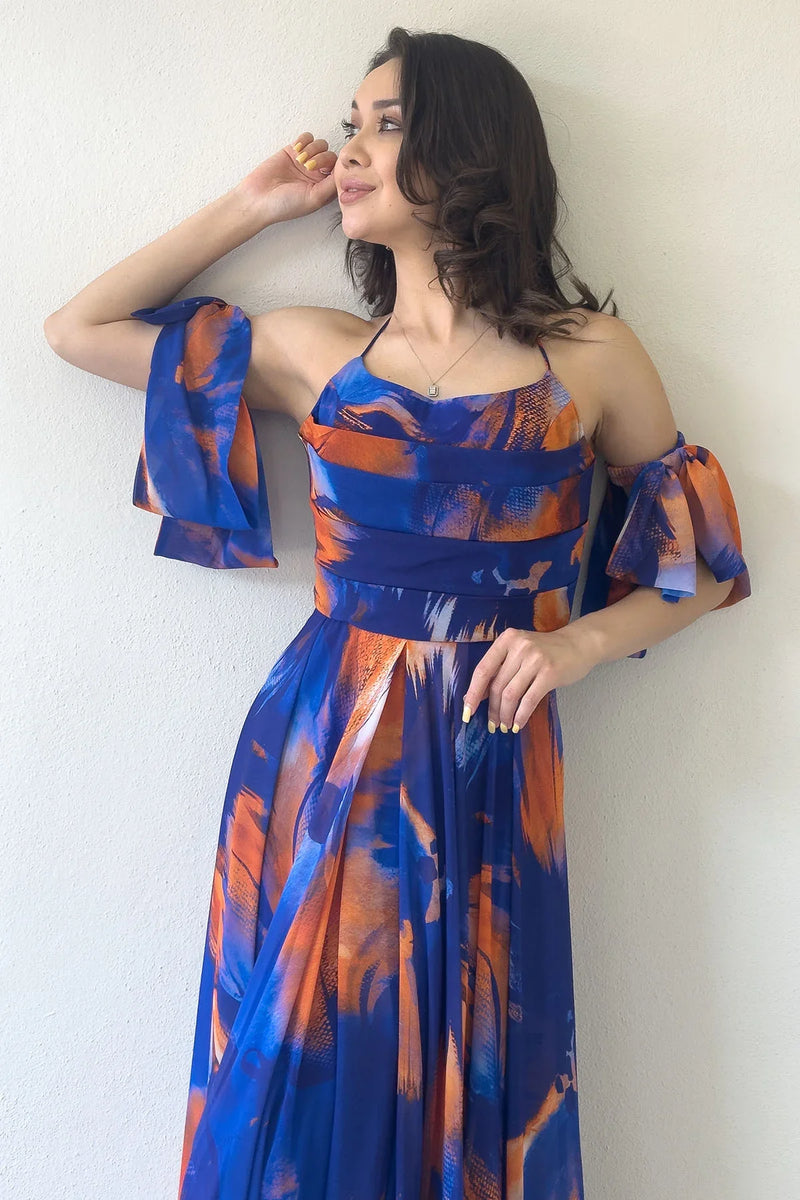 Saks Desenli Askılı Straplez Göğüs Drapeli Çıkarılabilir Kol Detaylı Abiye Elbise