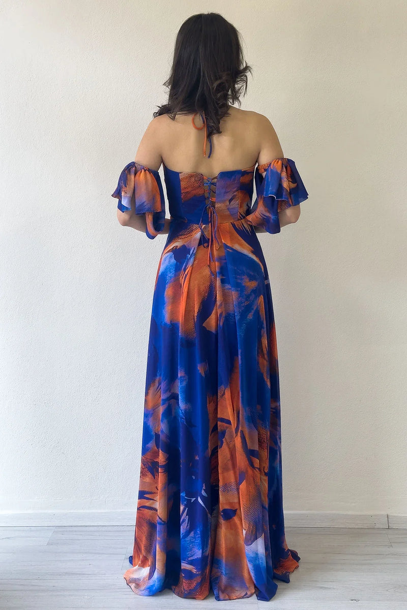 Saks Desenli Askılı Straplez Göğüs Drapeli Çıkarılabilir Kol Detaylı Abiye Elbise