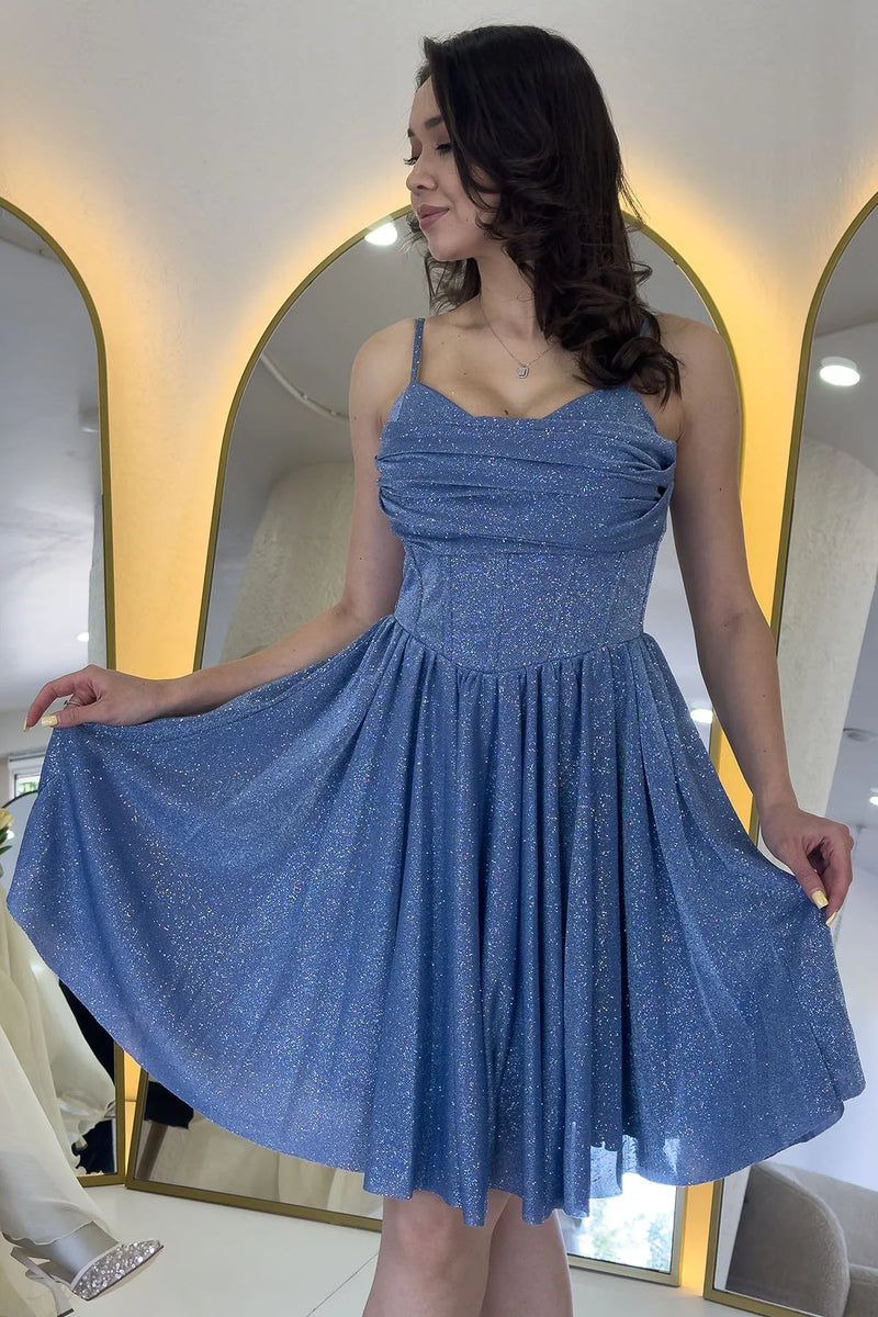 İndigo Simli Drape Detay Askılı Mini Kloş Abiye Elbise 