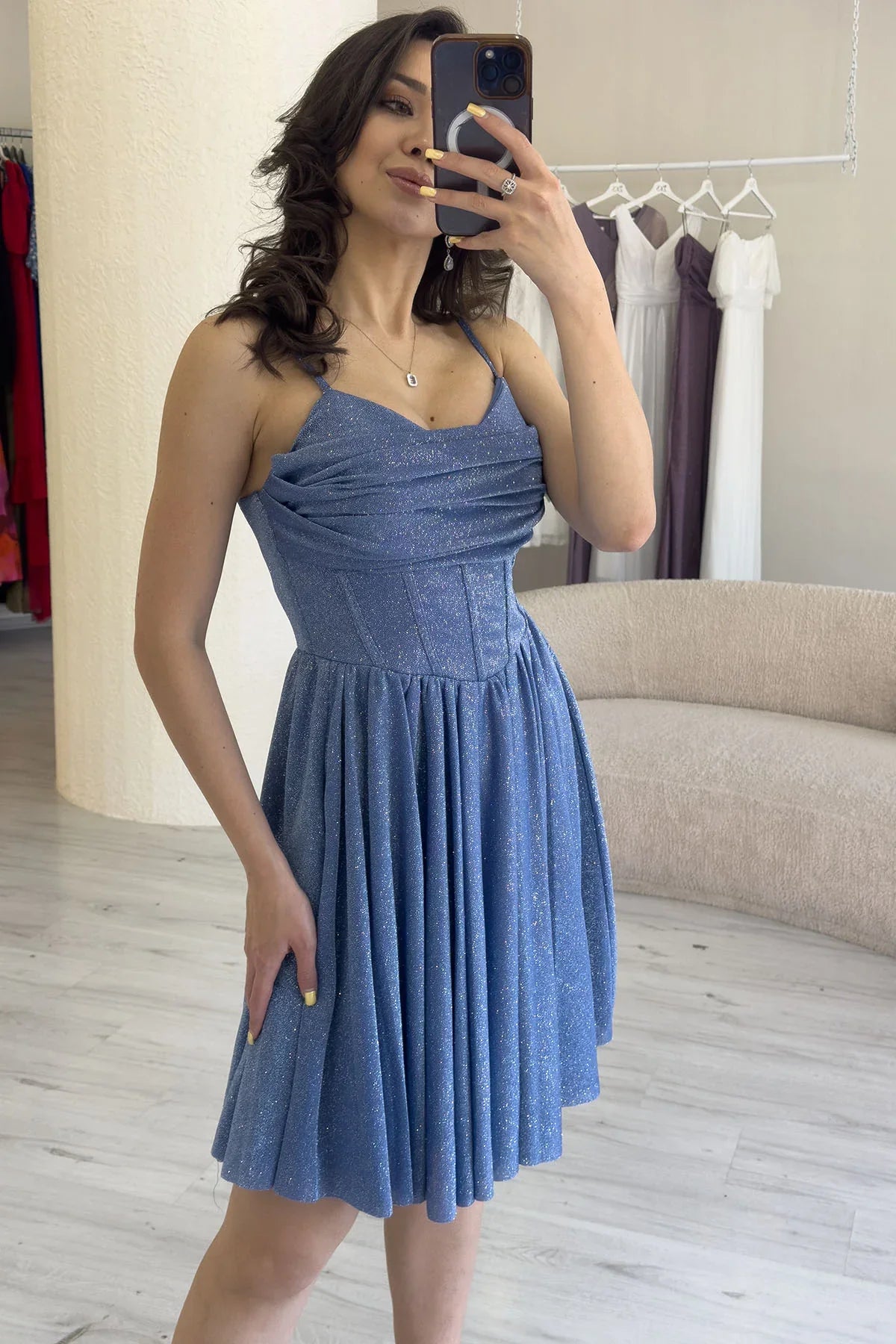İndigo Simli Drape Detay Askılı Mini Kloş Abiye Elbise 