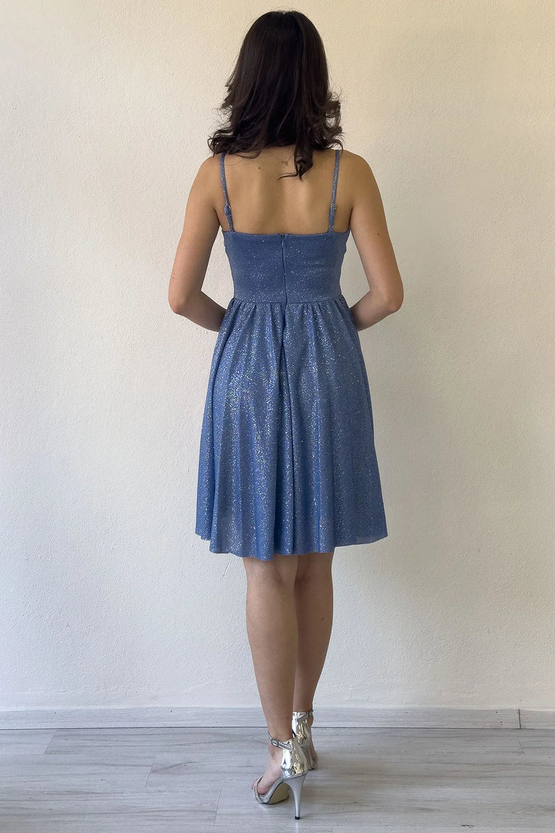 İndigo Simli Drape Detay Askılı Mini Kloş Abiye Elbise 