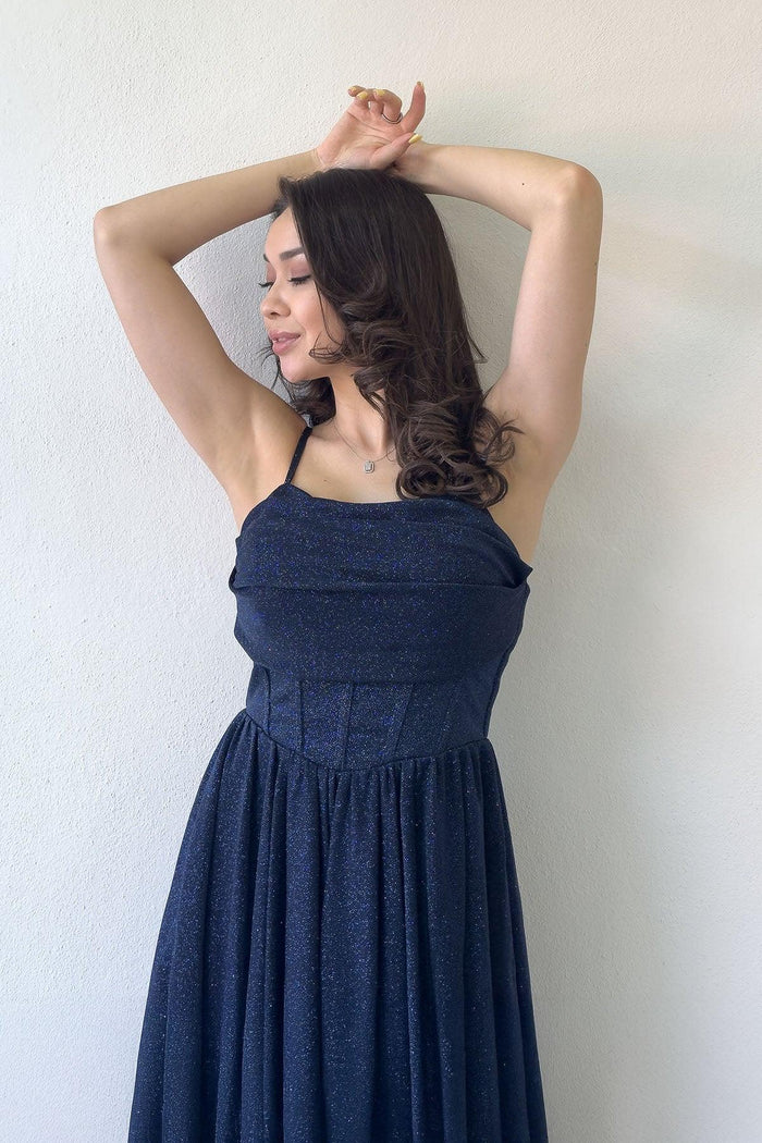 Lacivert Simli Drape Detay Askılı Mini Kloş Abiye Elbise