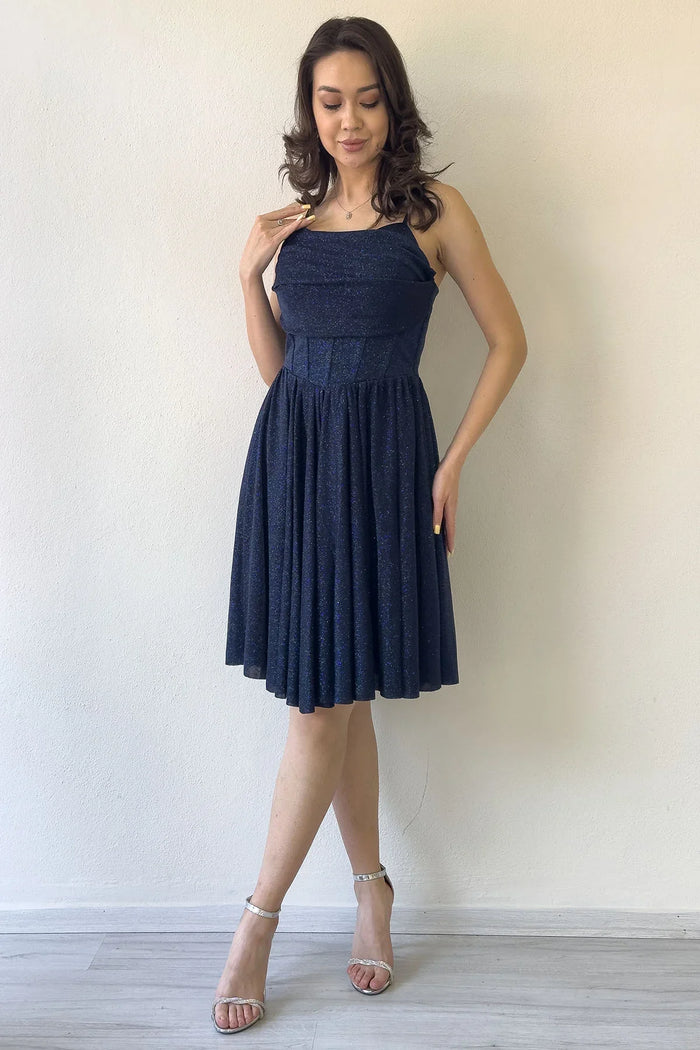Lacivert Simli Drape Detay Askılı Mini Kloş Abiye Elbise