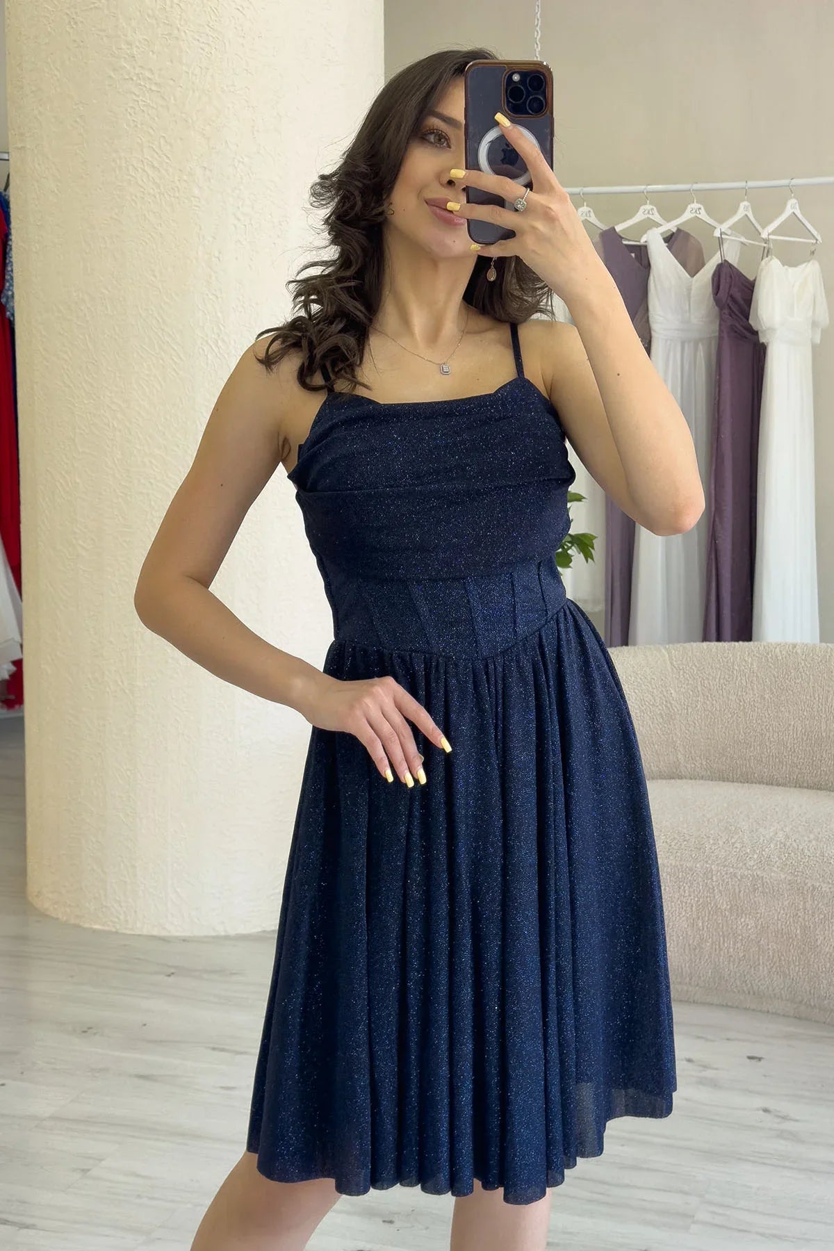 Lacivert Simli Drape Detay Askılı Mini Kloş Abiye Elbise