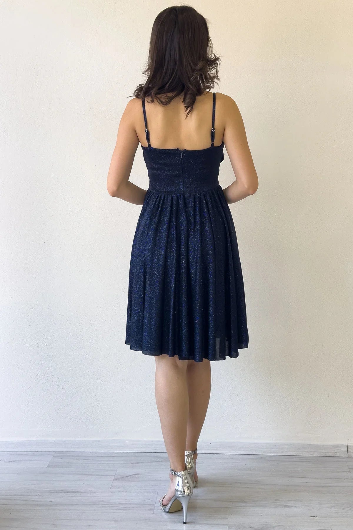 Lacivert Simli Drape Detay Askılı Mini Kloş Abiye Elbise