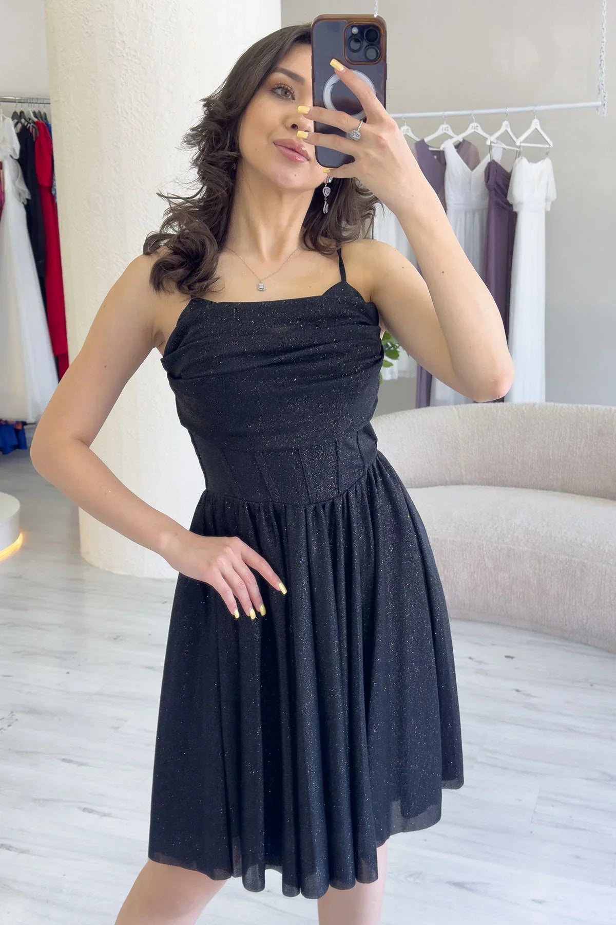 Siyah Simli Drape Detay Askılı Mini Kloş Abiye Elbise