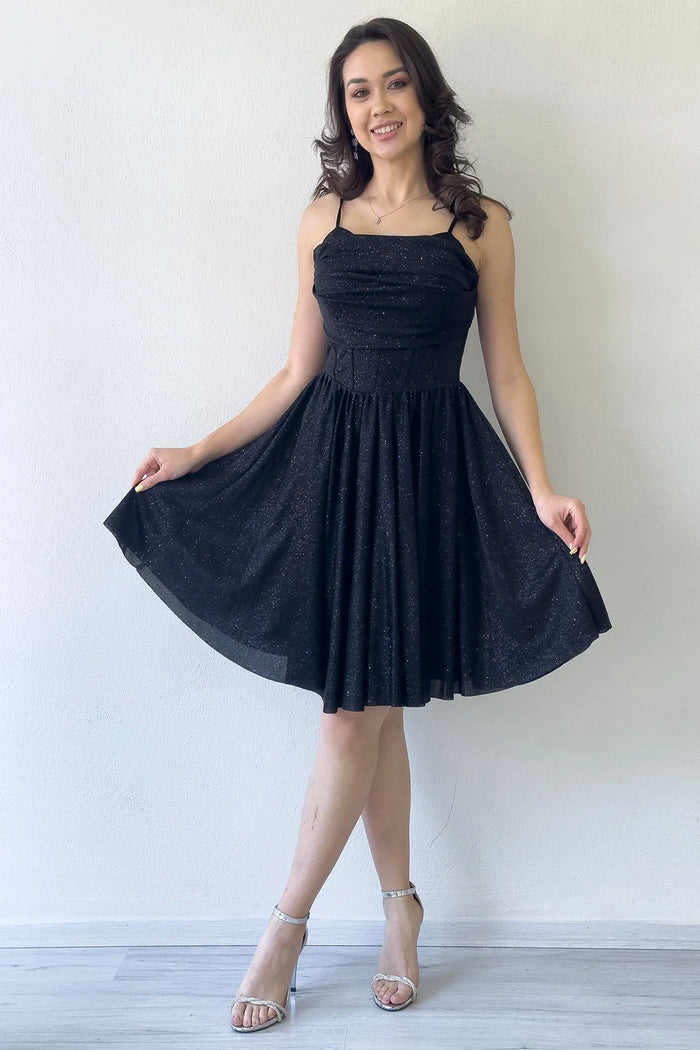 Siyah Simli Drape Detay Askılı Mini Kloş Abiye Elbise