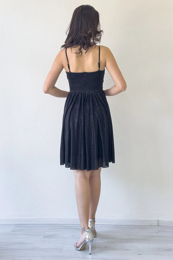 Siyah Simli Drape Detay Askılı Mini Kloş Abiye Elbise