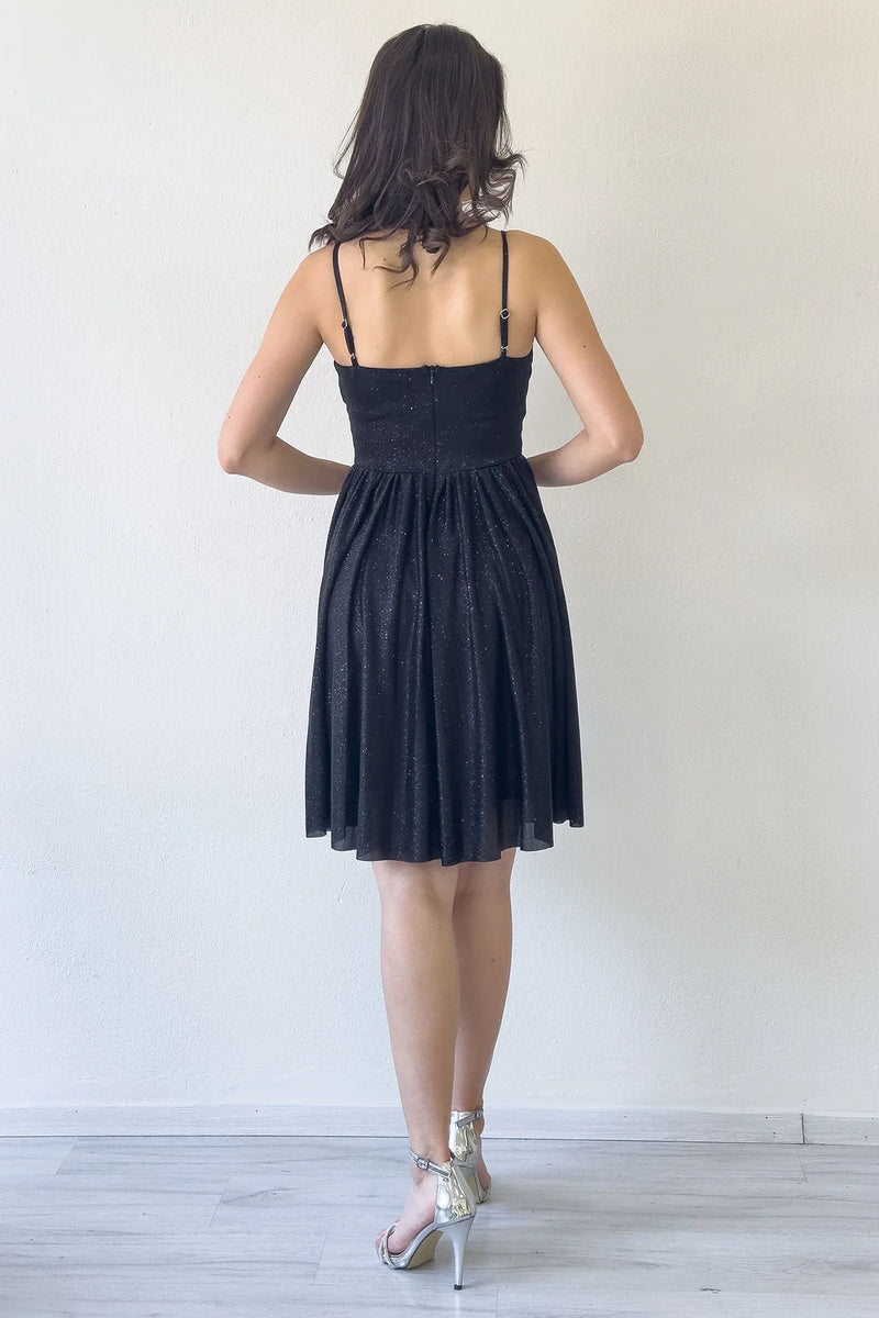 Siyah Simli Drape Detay Askılı Mini Kloş Abiye Elbise