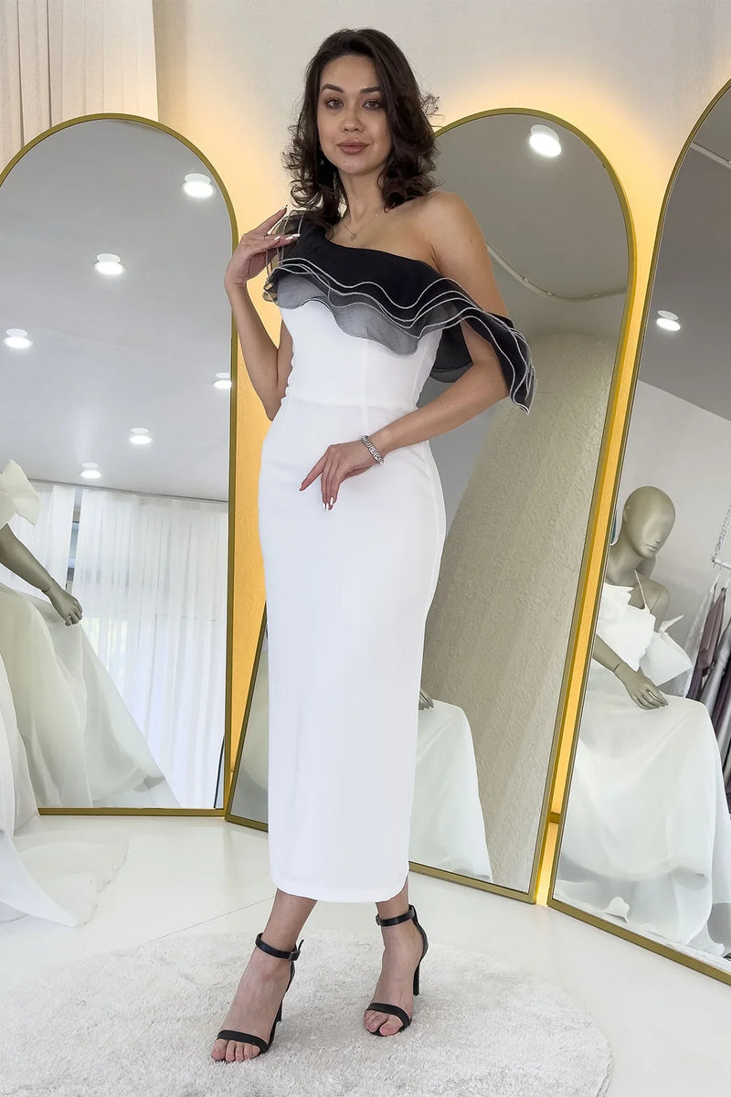 Beyaz Tek Omuz Fırfır Şerit Detaylı Midi Boy Kalem Elbise 