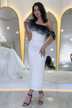 Beyaz Tek Omuz Fırfır Şerit Detaylı Midi Boy Kalem Elbise 