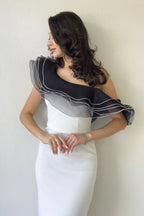 Beyaz Tek Omuz Fırfır Şerit Detaylı Midi Boy Kalem Elbise 