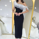 Siyah Tek Omuz Fırfır Şerit Detaylı Midi Boy Kalem Elbise