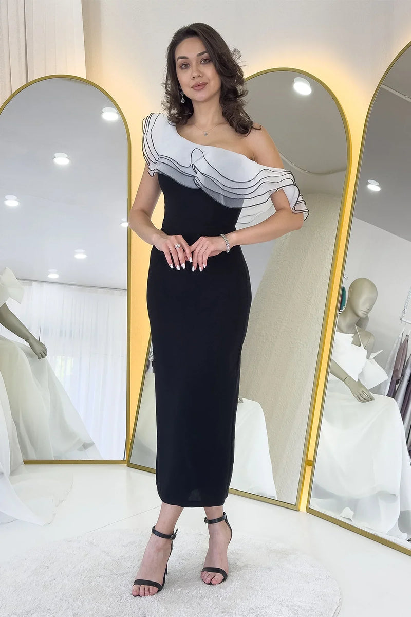Siyah Tek Omuz Fırfır Şerit Detaylı Midi Boy Kalem Elbise 
