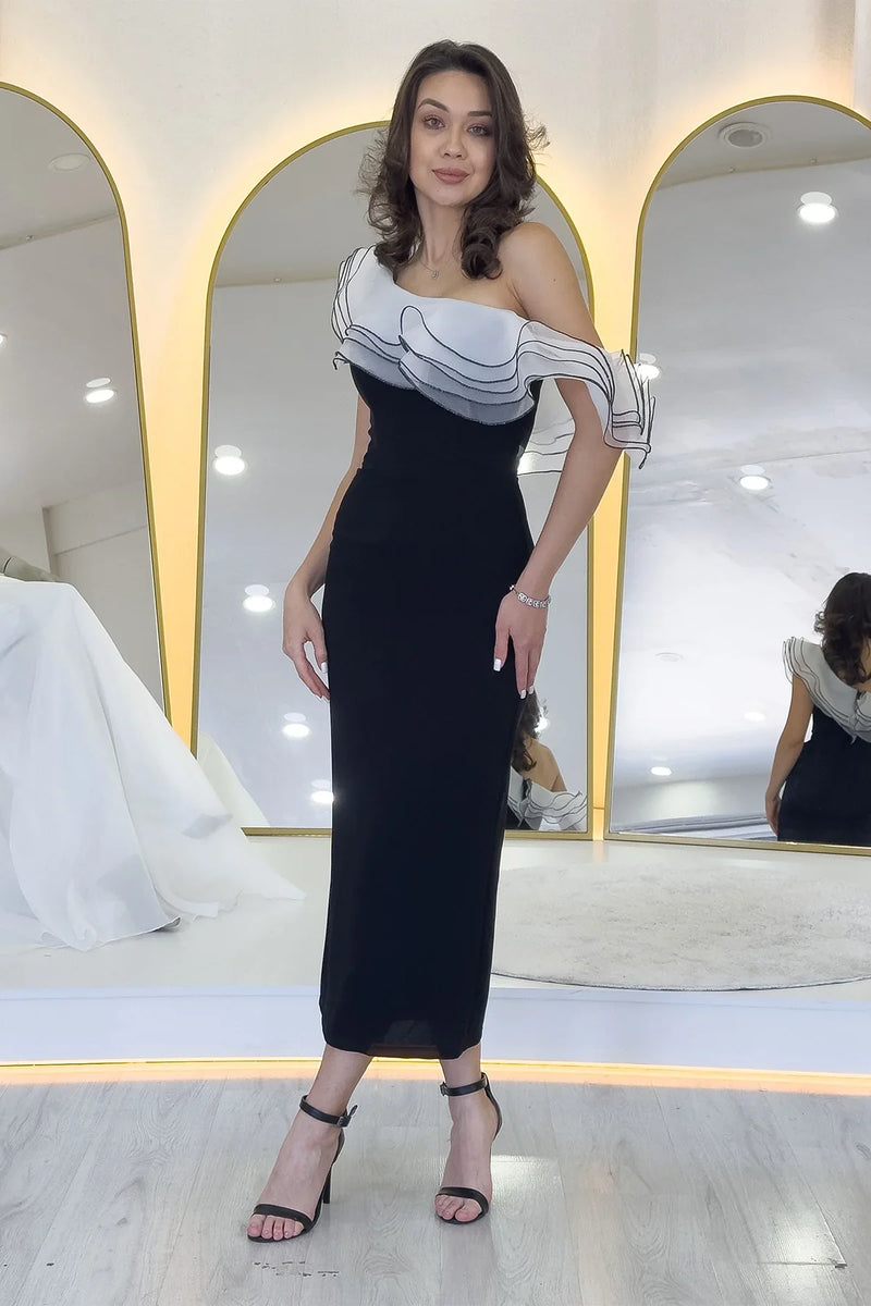 Siyah Tek Omuz Fırfır Şerit Detaylı Midi Boy Kalem Elbise 