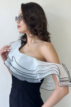 Siyah Tek Omuz Fırfır Şerit Detaylı Midi Boy Kalem Elbise 