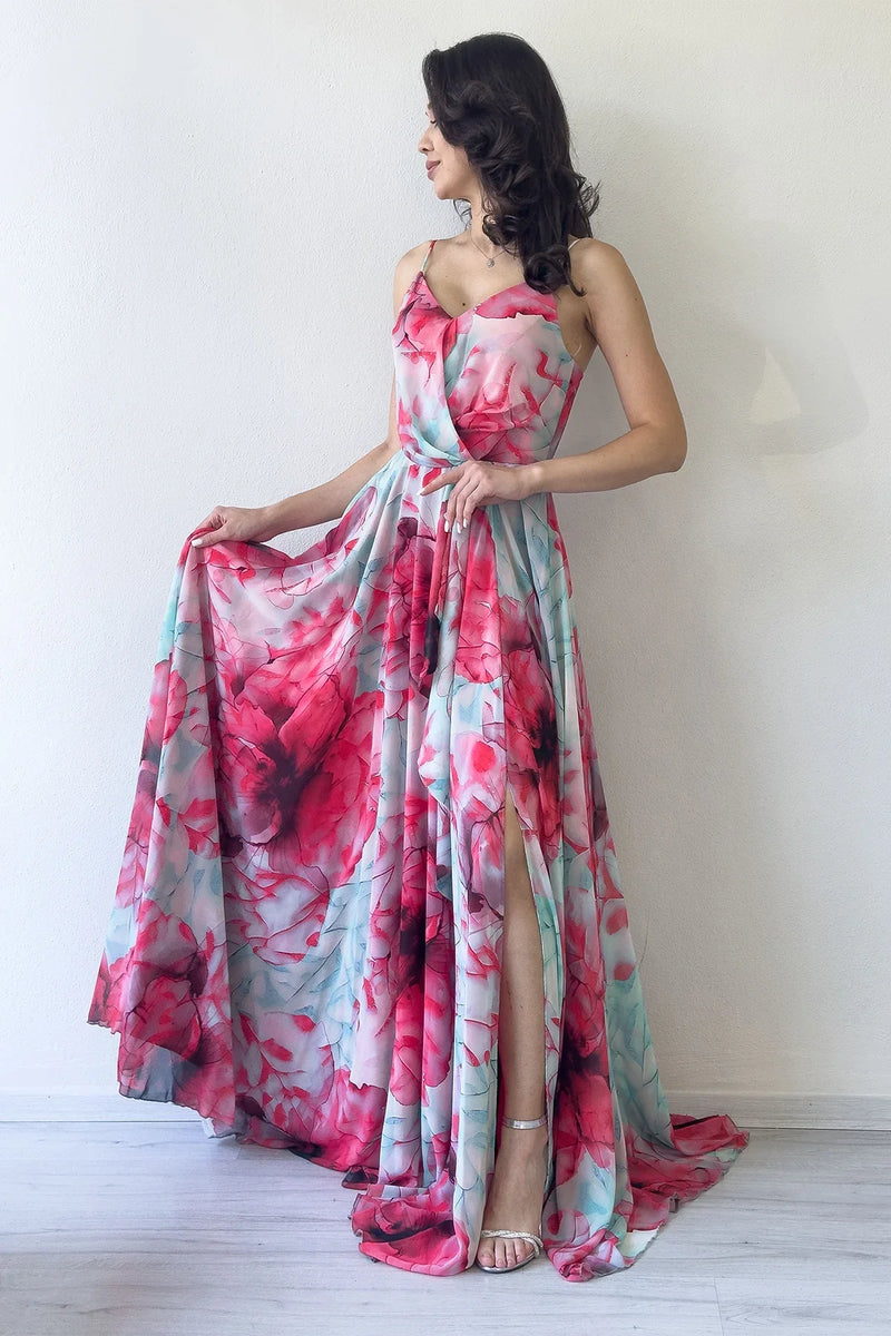 Kadın Askılı Pembe Çiçek Desenli Uzun Yırtmaçlı Şifon Abiye Elbise 