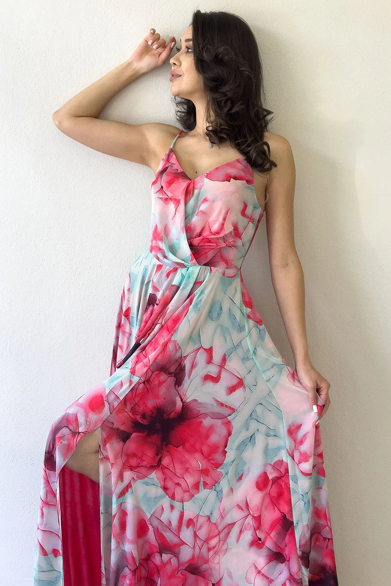 Kadın Askılı Pembe Çiçek Desenli Uzun Yırtmaçlı Şifon Abiye Elbise 