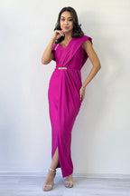 Kadın Fuşya Tek Omuz Taş Detaylı Drapeli Midi Boy Abiye Elbise