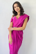 Kadın Fuşya Tek Omuz Taş Detaylı Drapeli Midi Boy Abiye Elbise