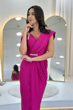 Kadın Fuşya Tek Omuz Taş Detaylı Drapeli Midi Boy Abiye Elbise