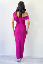 Kadın Fuşya Tek Omuz Taş Detaylı Drapeli Midi Boy Abiye Elbise