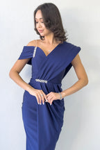 Kadın Lacivert Tek Omuz Taş Detaylı Drapeli Midi Boy Abiye Elbise