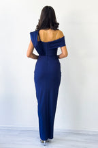 Kadın Lacivert Tek Omuz Taş Detaylı Drapeli Midi Boy Abiye Elbise