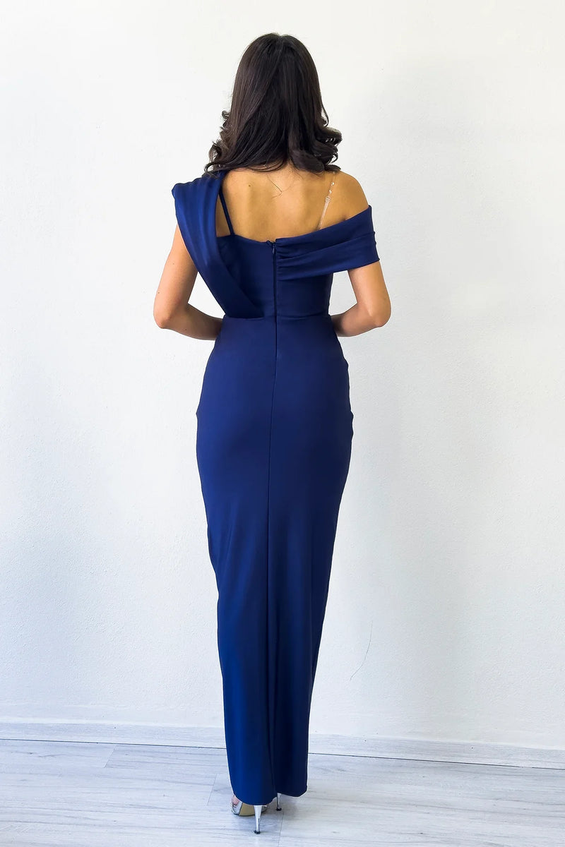 Kadın Lacivert Tek Omuz Taş Detaylı Drapeli Midi Boy Abiye Elbise