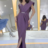 Kadın Lila Tek Omuz Taş Detaylı Drapeli Midi Boy Abiye Elbise