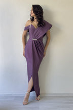 Kadın Lila Tek Omuz Taş Detaylı Drapeli Midi Boy Abiye Elbise 