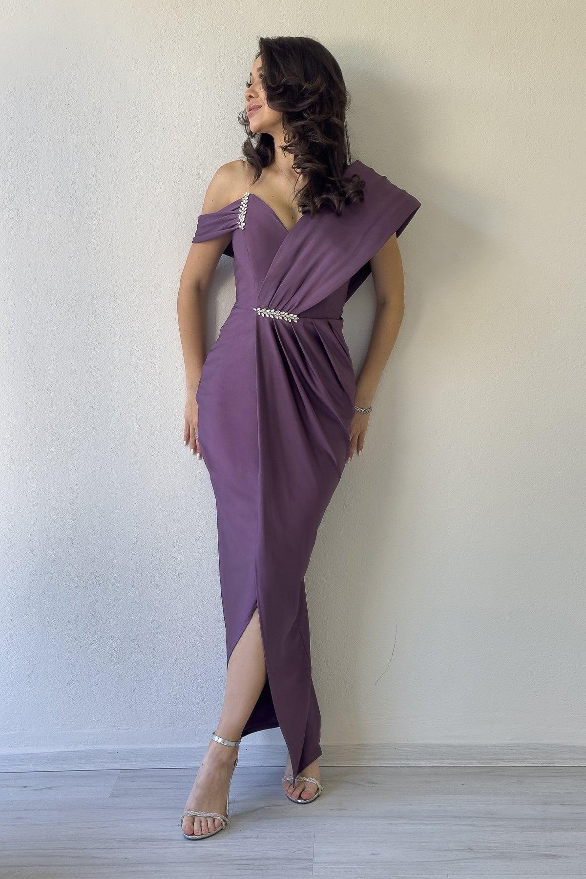 Kadın Lila Tek Omuz Taş Detaylı Drapeli Midi Boy Abiye Elbise 