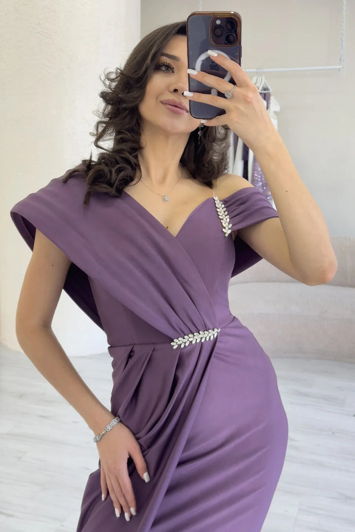 Kadın Lila Tek Omuz Taş Detaylı Drapeli Midi Boy Abiye Elbise 