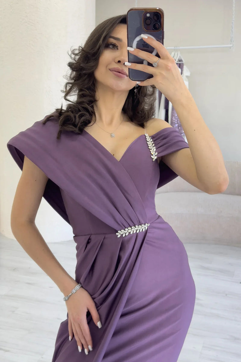 Kadın Lila Tek Omuz Taş Detaylı Drapeli Midi Boy Abiye Elbise 