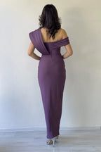 Kadın Lila Tek Omuz Taş Detaylı Drapeli Midi Boy Abiye Elbise 